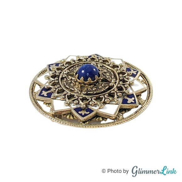 Vintage Ornate Round Blue White Fleurs de Lis Gold Tone Brooch Pin - Picture 4 of 8